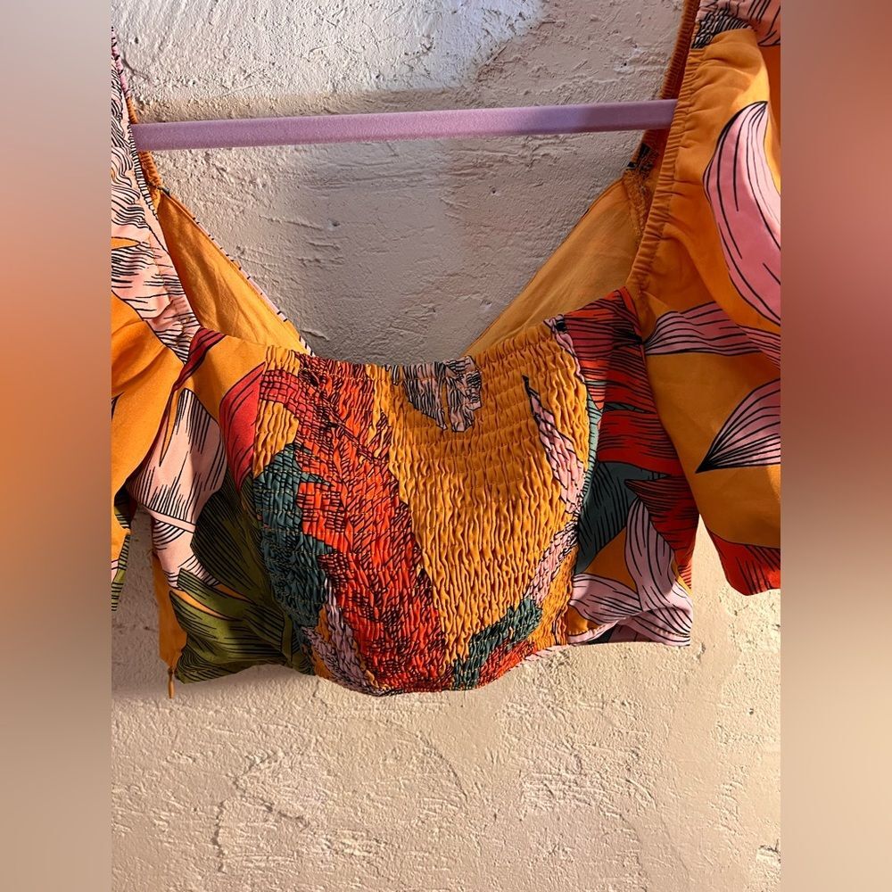 Orange and Blue Tropical Puff Sleeve Ruffled Crop Top summer beach resortwear - Picture 9 of 9
